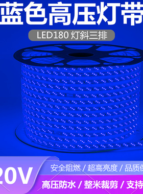 220V三排蓝光LED灯带条防水蓝色180灯每米深蓝色LED灯条户外防雨