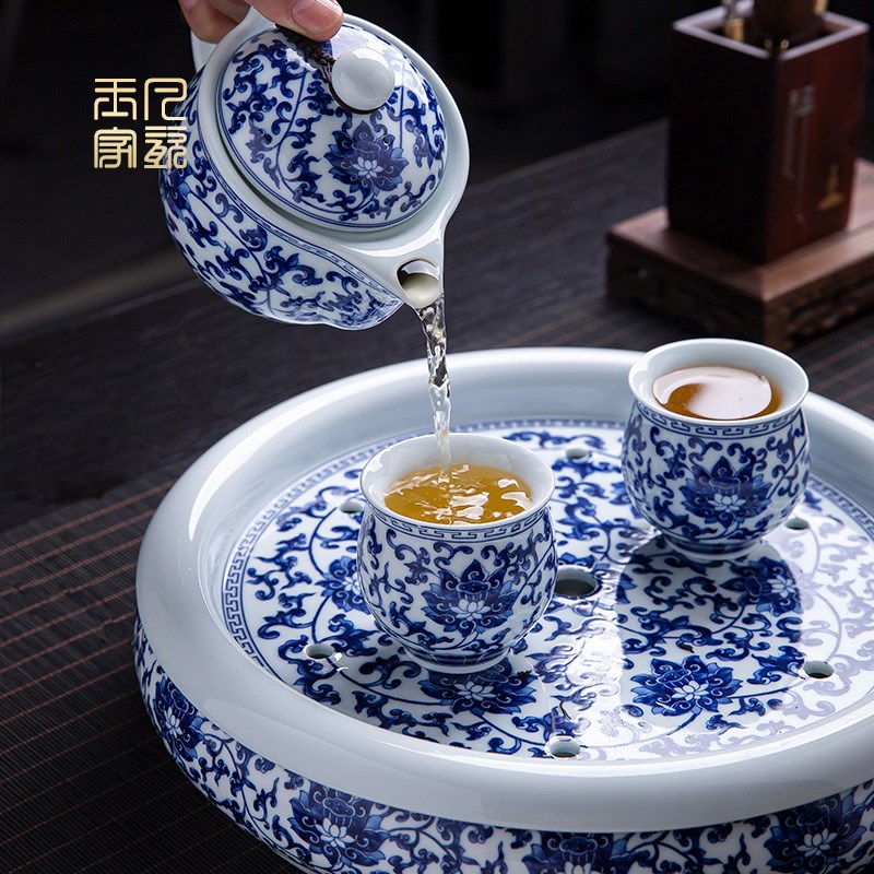 景德镇陶瓷茶具套装家用双层防烫茶杯客厅办公室青花瓷茶盘釉中彩