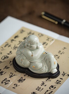 新中式复古弥勒佛摆件陶瓷u大肚笑佛禅意书房书桌镇纸笔架毛笔托