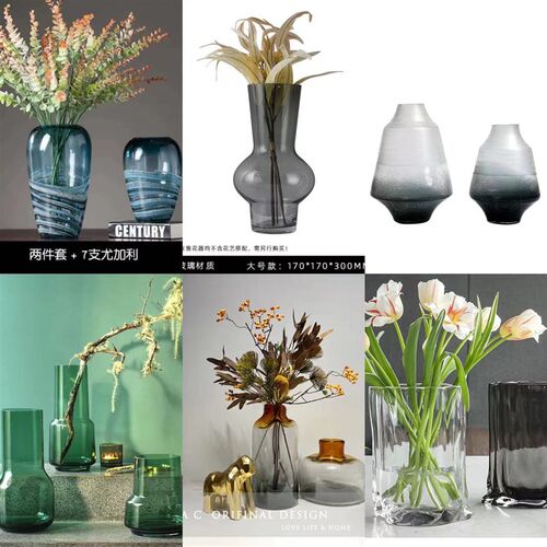 美式简约彩色玻璃花瓶摆件软装套装饰品客餐厅样板间插花家居装饰