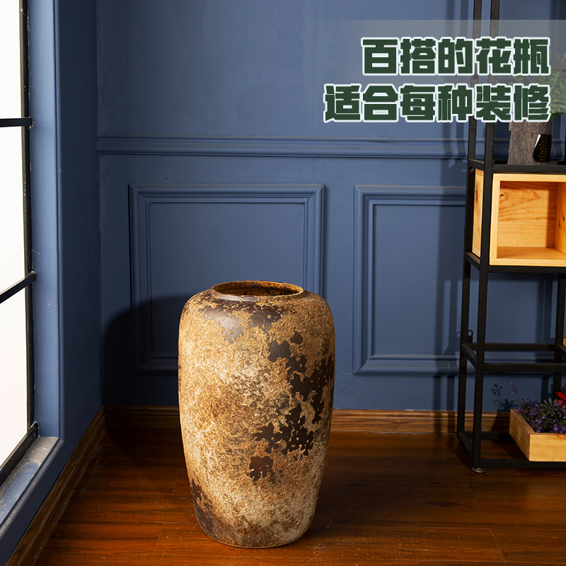 复古工业风手工粗陶景德镇陶瓷落地花瓶陶罐坛子花器客厅装饰摆件