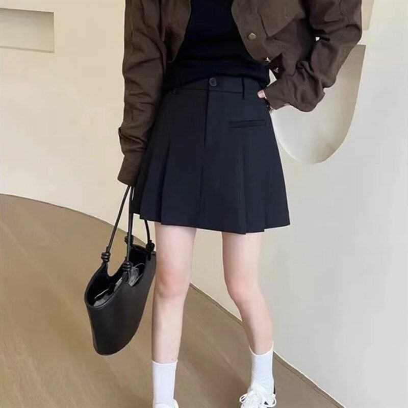 黑色西装料百褶裙女春季半身裙大码防走光短裙高腰显瘦百搭A字裙