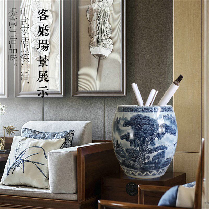 景德镇陶瓷器手绘青花瓷画缸收纳筒字画桶箭筒卷轴缸书画山水冬瓜