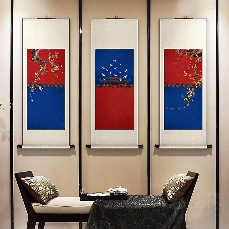 中国风新中式卷轴挂画竖版玄关装饰画餐厅书房挂轴客厅走廊墙壁画