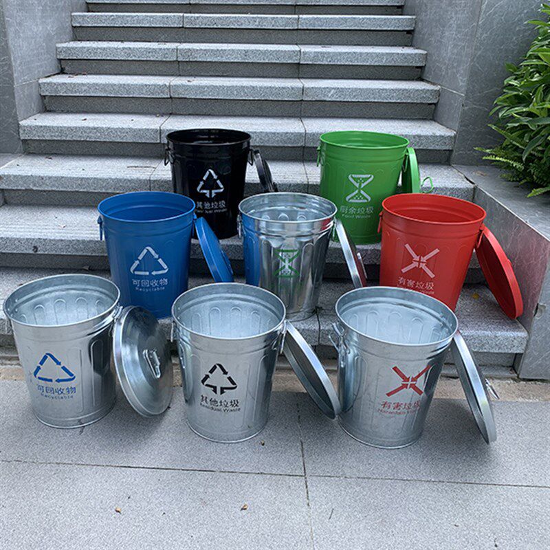 大容量金属收纳桶铁皮垃圾桶大口径垃圾桶厨房用带盖圆桶酒店家用