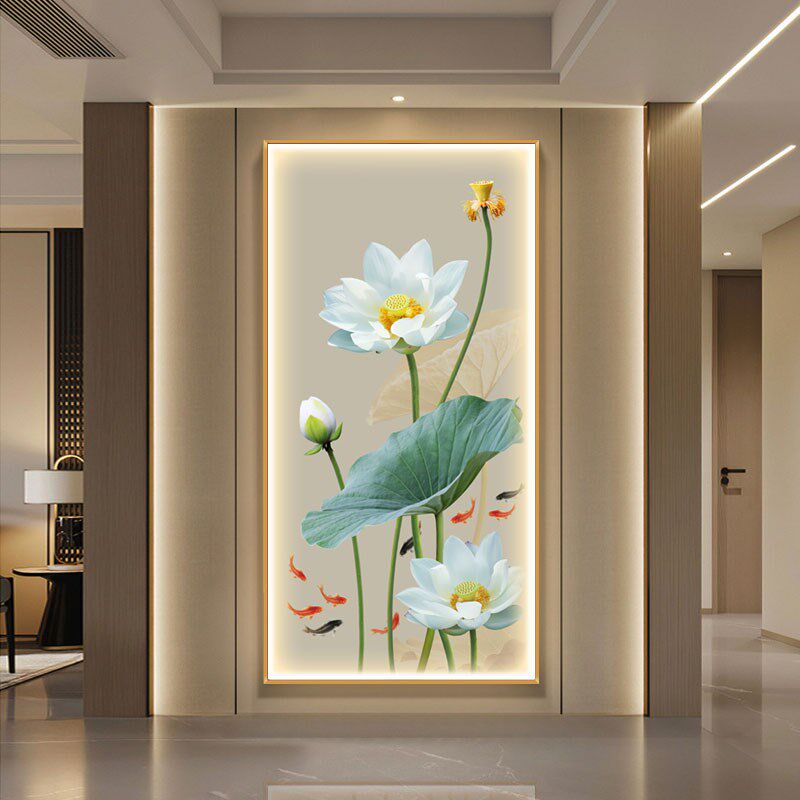 荷花玄关装饰画 莲花LED带灯画入户新中式客厅茶室走廊背景墙挂画