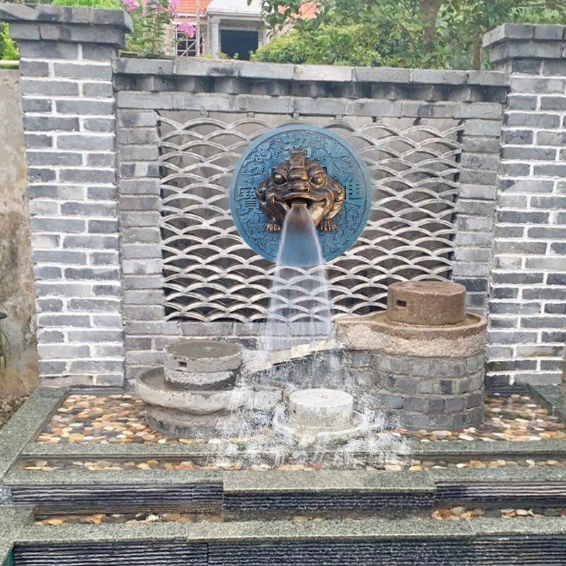 中式庭院景观鱼池叠水瀑布喷水喷泉装饰壁挂金蟾古铜币雕塑工艺品