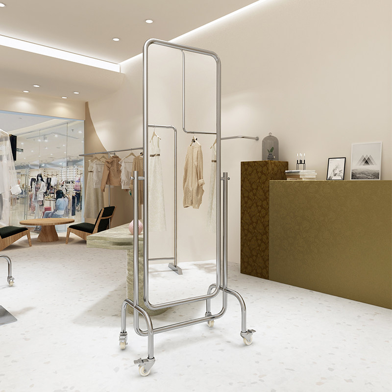 试衣镜服装店专用不锈钢穿衣镜带轮子移动全身镜落地镜立式大镜子