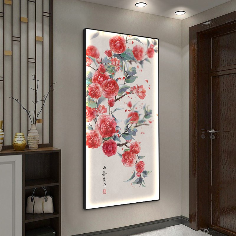 进户门正对玄关画转运桃花挂画竖走廊过道壁灯画楼梯拐角发光壁画