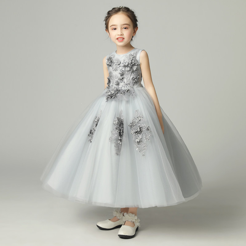 儿童礼服公主裙蓬蓬纱灰色婚纱长裙中大童钢琴模特演出服洋气