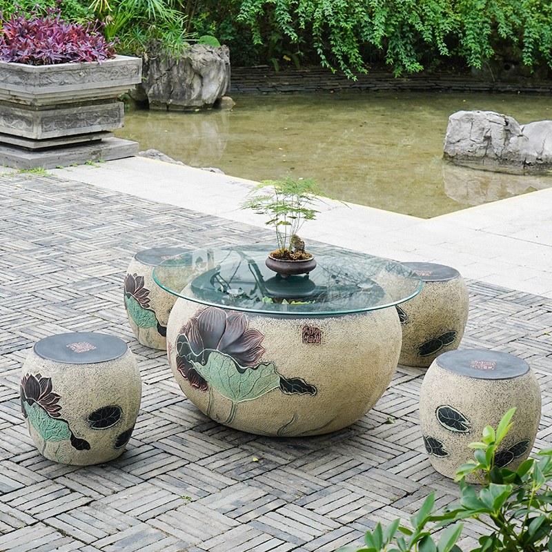 创意田园户外庭院小花园茶几鱼缸新中式阳台茶室装饰家具凳子茶台