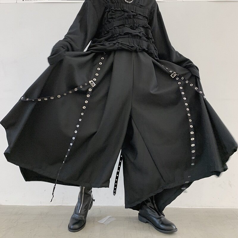 四季款山本风暗黑系男女款裙裤铆钉织带装饰宽松阔腿裤发型师裙裤