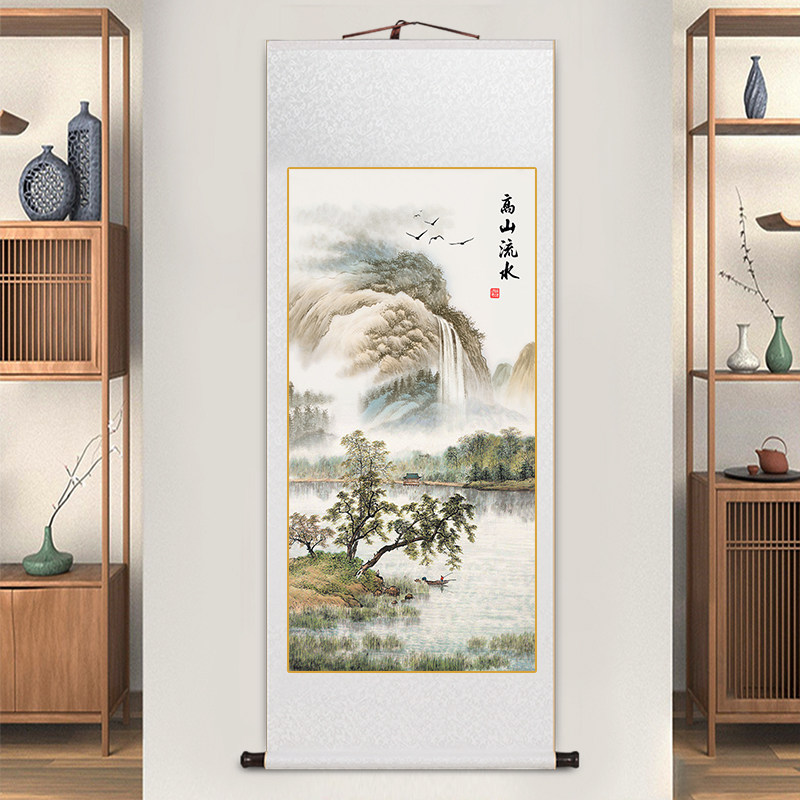 高山流水玄关画办公室字画名家山水画卷轴挂画书房茶室壁画风景画