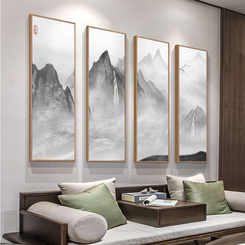 新中式装饰画客厅壁画沙发背景墙山水画四联画禅意茶室办公室挂画