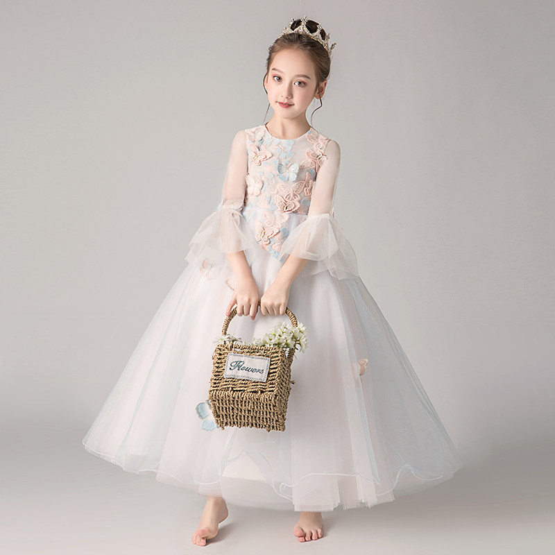 白色礼服女童公主裙生日女孩婚礼走秀小花童主持人儿童钢琴演出服