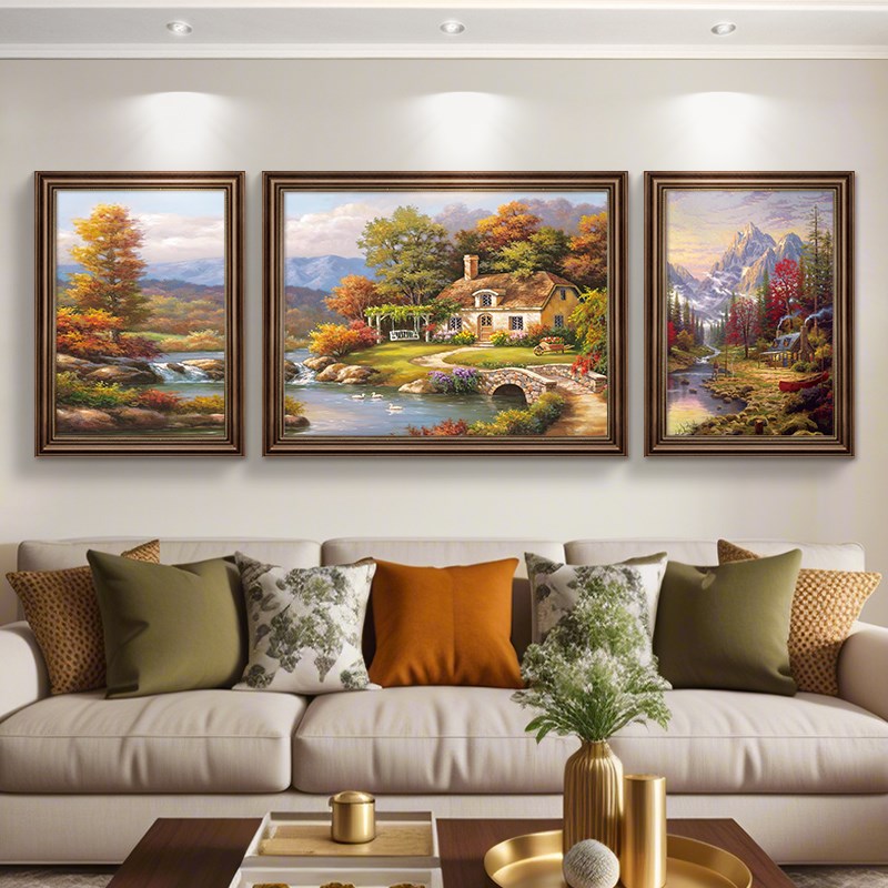 山水风景画美式客厅装饰画复古油画沙发背景墙挂画大气三联壁画