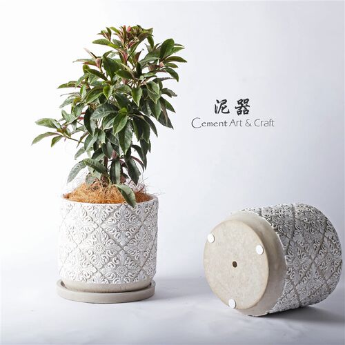 泥器创意北欧浮雕复古水泥花盆圆形大号有孔带盘虎皮兰绿植花器