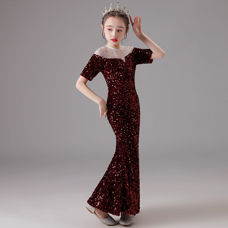 儿童礼服闪亮晚礼服修身拖尾公主裙女童时尚鱼尾裙主持人走秀演出