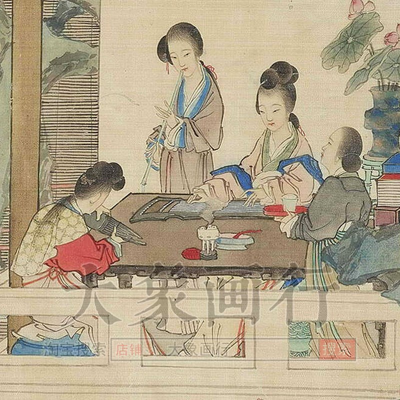 黄山寿百美献寿图传统仕女高士图临摹范本中式装饰画艺术绢布画心