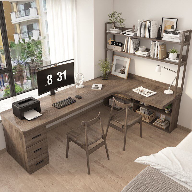 全实木转角书桌书柜一体 L型电脑桌卧室拐角工作台双人办公桌家用