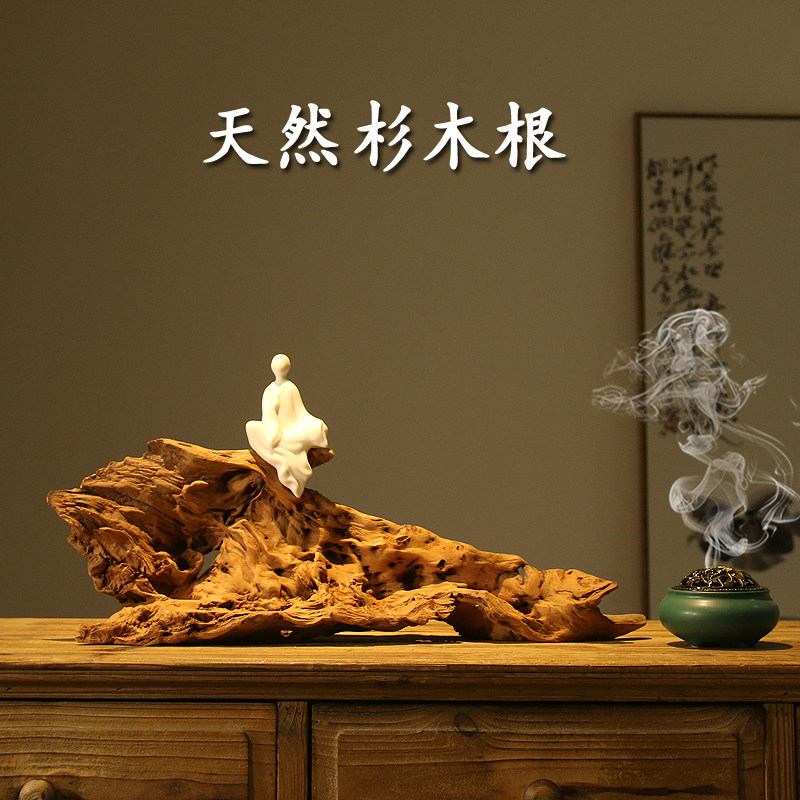 新中式禅意天然风化枯木杉树根雕茶室酒店玄关侘寂风装饰木头摆件