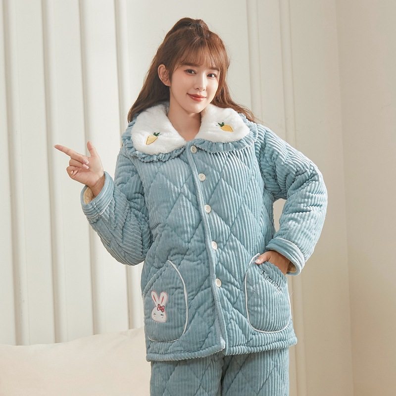 三层夹棉加厚亲子睡衣女童冬款珊瑚绒套装中大女孩母女加绒家居服