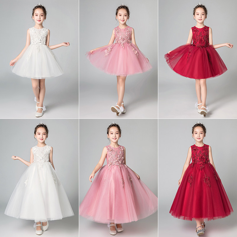 儿童礼服公主裙女童生日洋气女孩花童小主持人钢琴演出服红色夏季