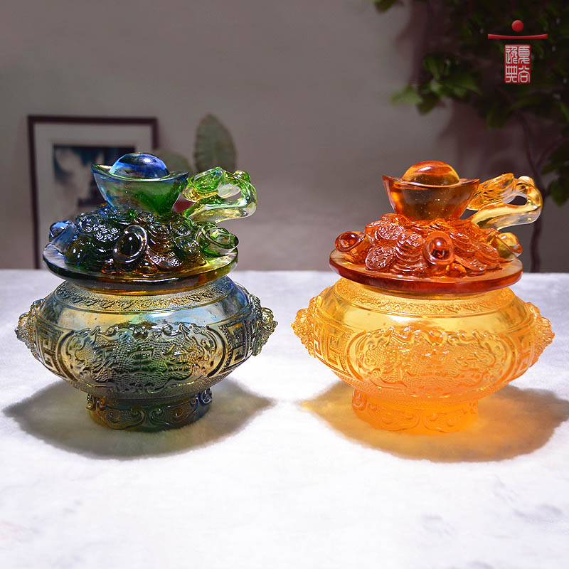 琉璃聚宝盆带盖摆件家居饰品结婚中式轻奢客厅玄关招财装饰工艺品