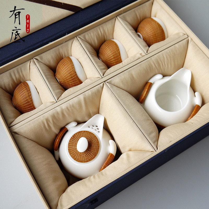 非遗手工瓷胎竹编玉瓷茶具一壶四杯套装竹丝扣瓷商务送礼送老外