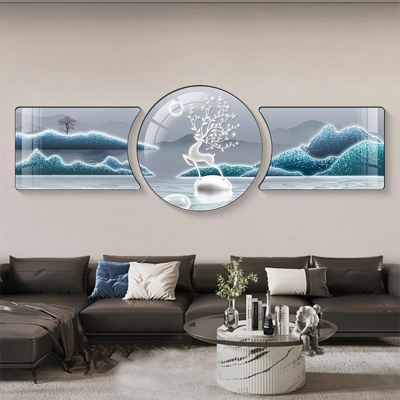 福鹿轻奢客厅装饰画背有靠山沙发背景墙挂画高级感大气发财树壁画