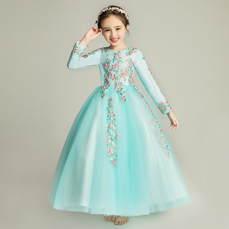 儿童晚礼服公主裙女童婚纱裙长袖加绒加厚花童长裙钢琴演出服洋气