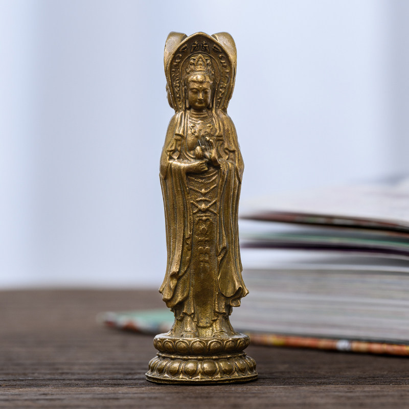 纯黄铜南海观世音菩萨三面观音佛像摆件精致随身佛书房家居装饰品