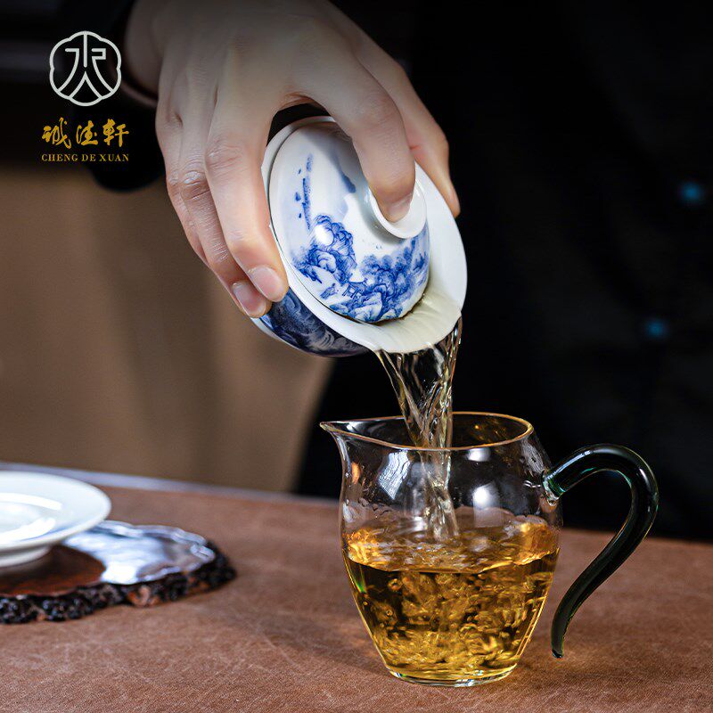 诚德轩景德镇三才盖碗陶瓷茶杯手绘青花瓷山水泡茶碗单个高档茶具