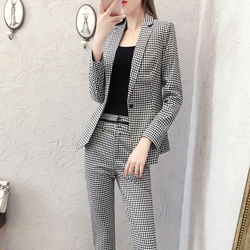春秋新款时尚洋气职业格子西装套装女气质长袖西服裤子两件套2024