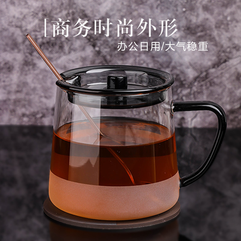 ORTOR玻璃杯带盖勺马克杯办公过滤泡茶杯大容量手柄杯情侣水杯子