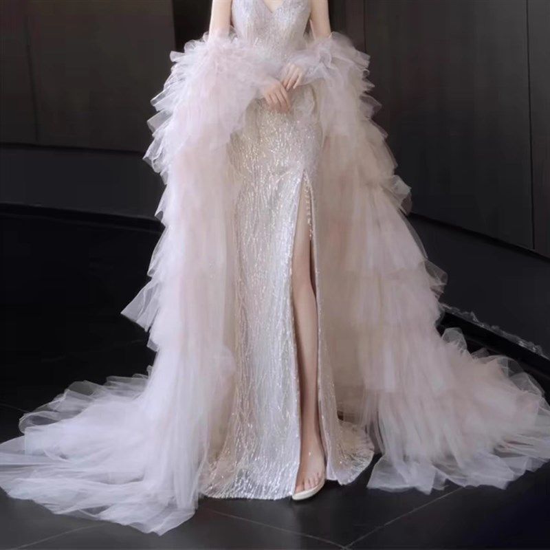婚纱晚礼服配件拖尾纱手袖长款摄影旅拍模特秀场主持表演出服配饰