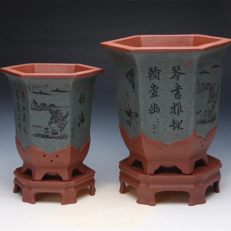 紫砂花盆陶瓷精品兰花盆高档紫砂盆景盆简约中高档六方花盆包邮