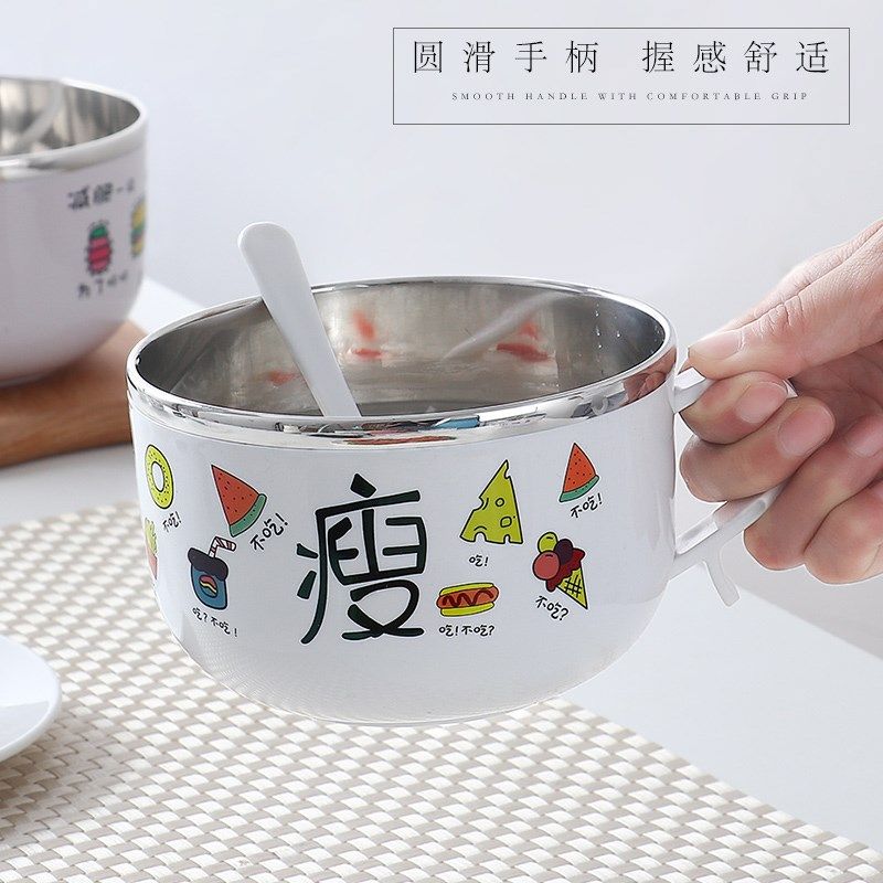 不锈钢带盖子带把手泡面碗易清洗汤面碗 日式学生食堂吃饭碗图片