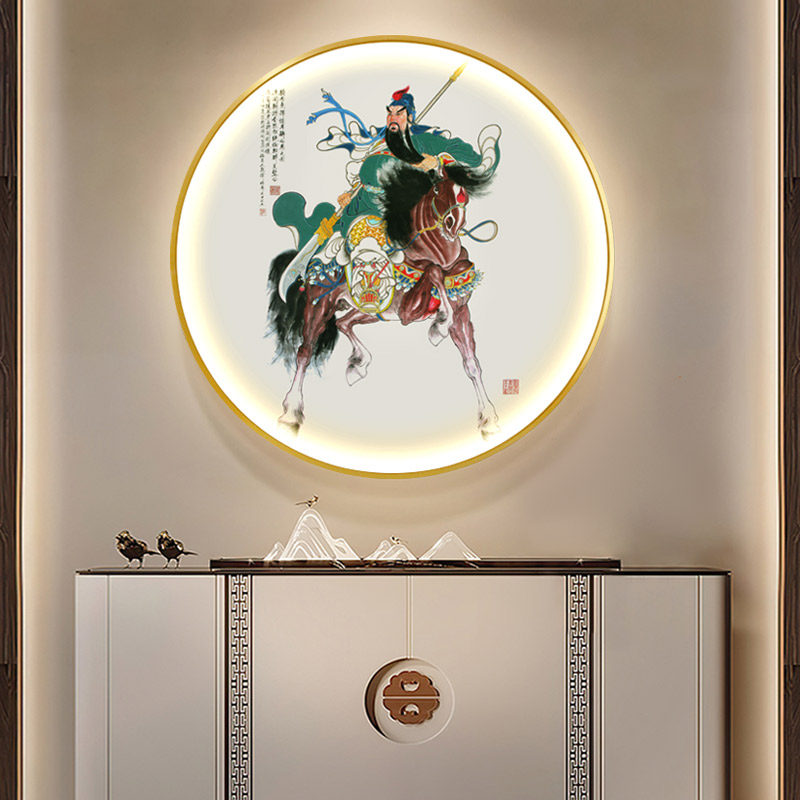 关公发光挂画玄关装饰画武财神关二爷画像关羽LED灯光画圆形壁画