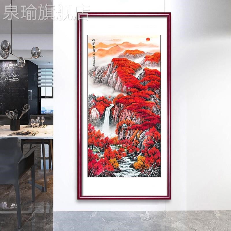 网红竖壁版画花开富贵国画牡丹花中式道挂画玄关画新走廊过饰尽头