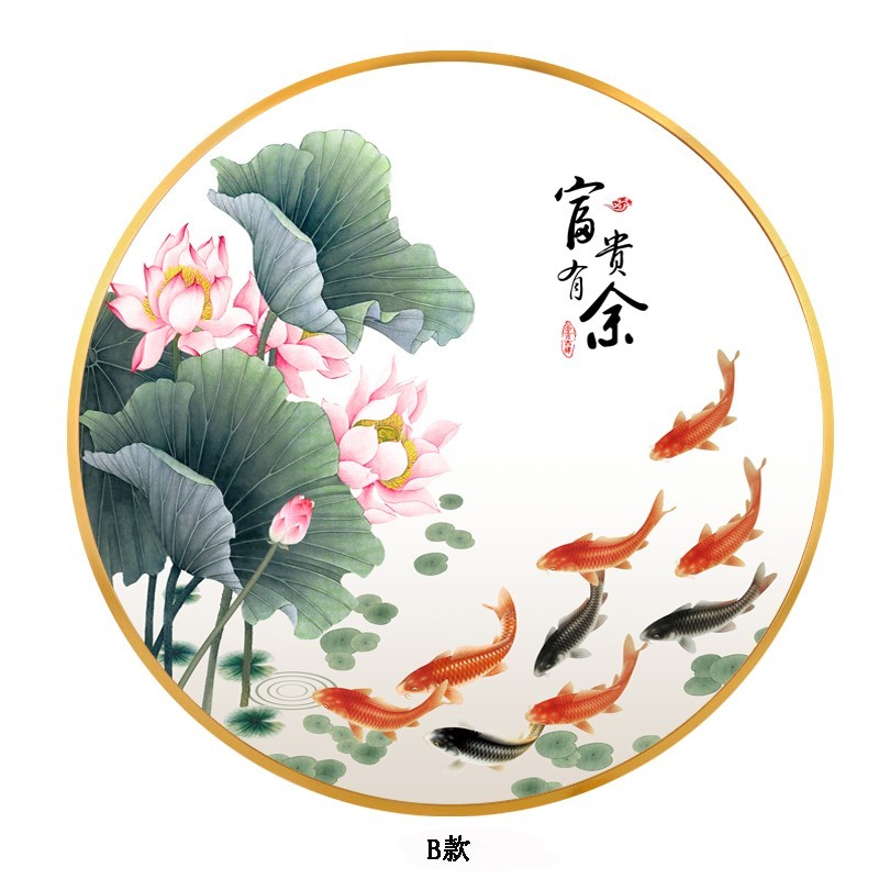 新中式九鱼图荷花装饰画餐厅玄关客厅挂画入户招财鲤鱼圆形墙定做