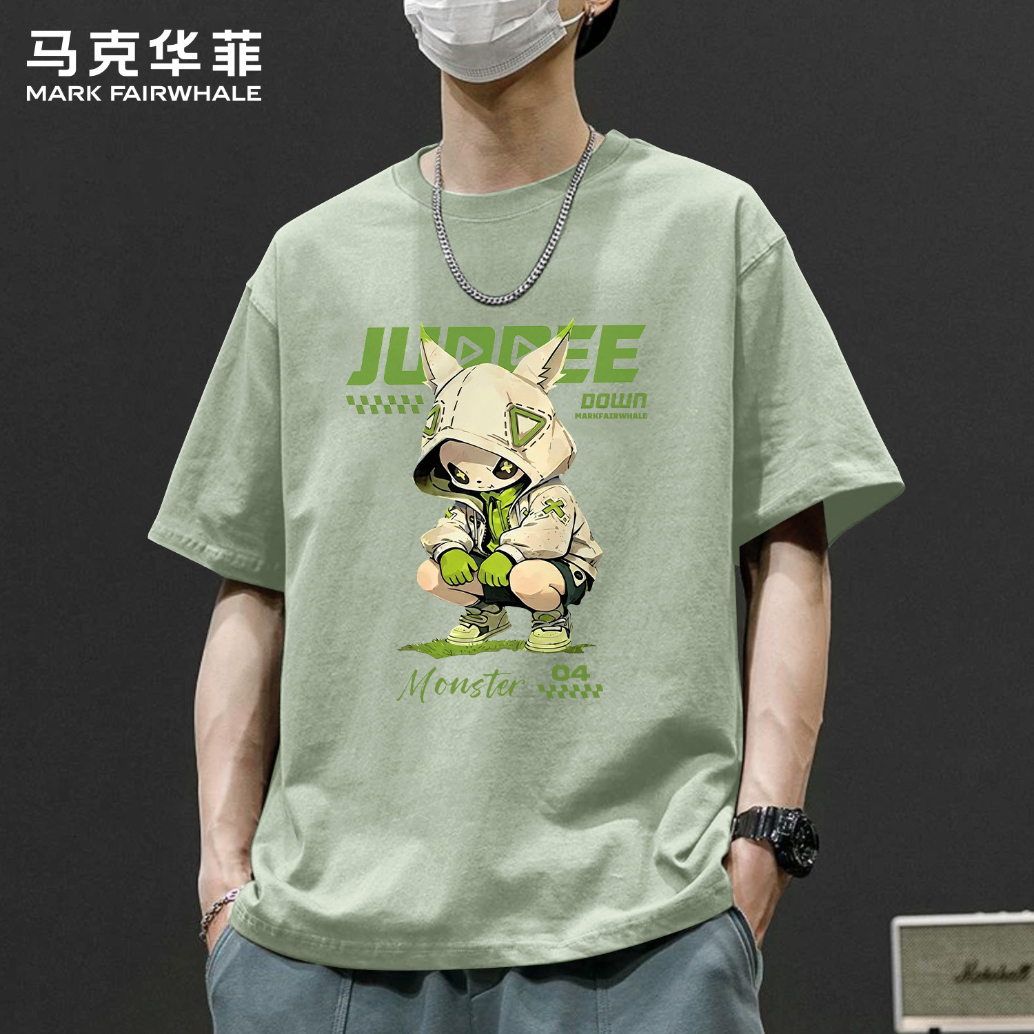 马克华菲卡通印花男士短袖T恤夏季新款绿色圆领纯棉潮流体恤上衣