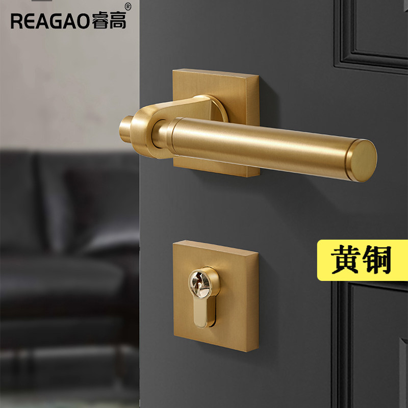 睿高纯铜静音门锁美式轻奢分体锁室内卧室房门把手全铜双开门锁具
