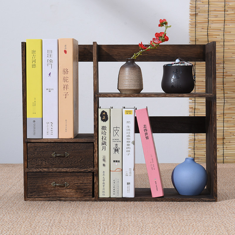 烧桐木客厅桌面置物架学生简约书架带抽屉物品收纳架飘窗迷你书柜