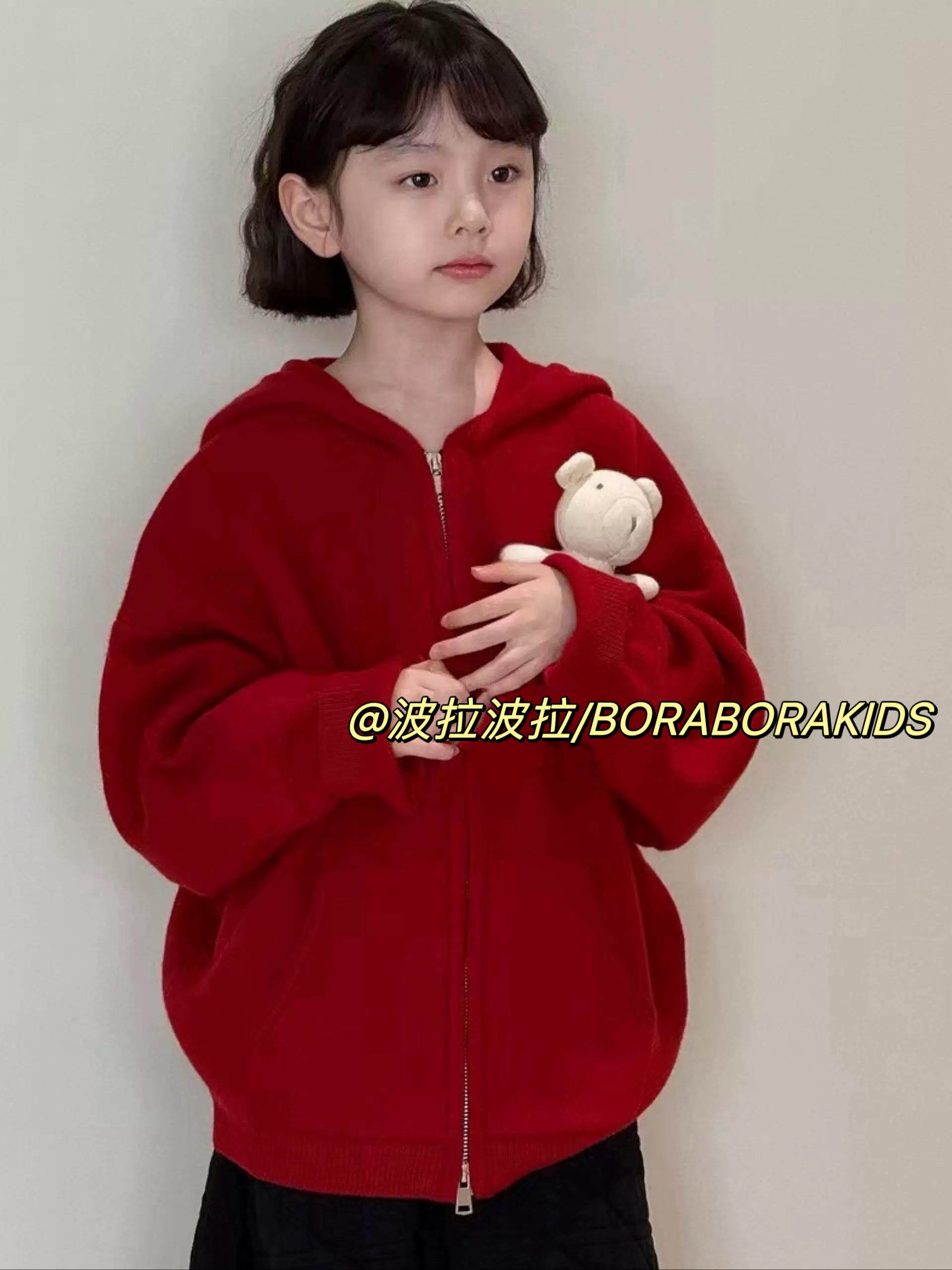 波拉韩国男女孩儿童装亲子冬红色年装款连帽羊毛绒衫毛衣外套开衫