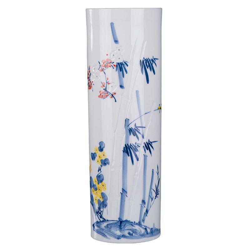 景德镇陶瓷器花瓶手绘插花薄胎竹报平安直筒客厅桌面瓷瓶简约摆件