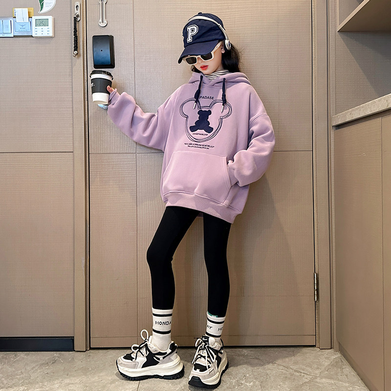 女童春装加绒卫衣2023新款洋气童装连帽中大童休闲春秋款卡通上衣