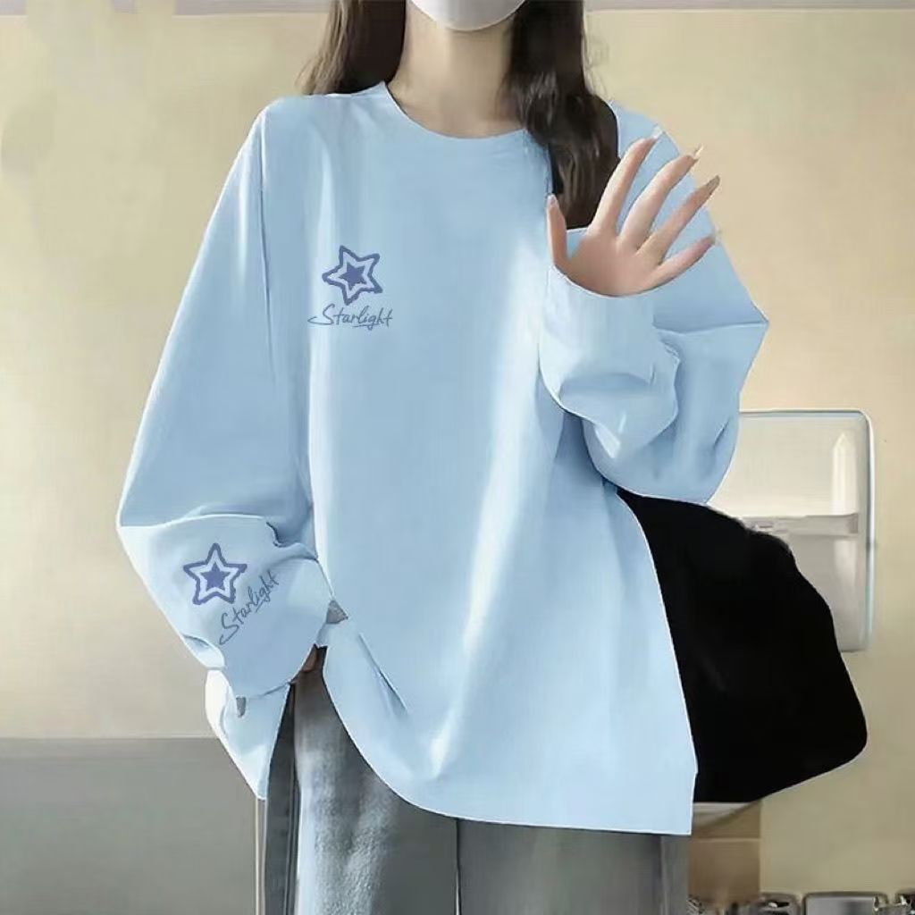 全棉蓝色上衣长袖纯棉圆领t恤女长袖T恤