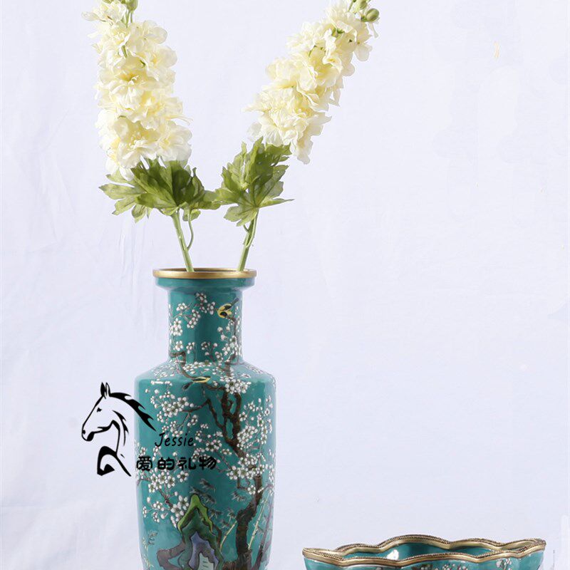 狮落美式乡村纯手工彩绘艺术精品陶瓷做旧铜新款梅花花瓶包邮