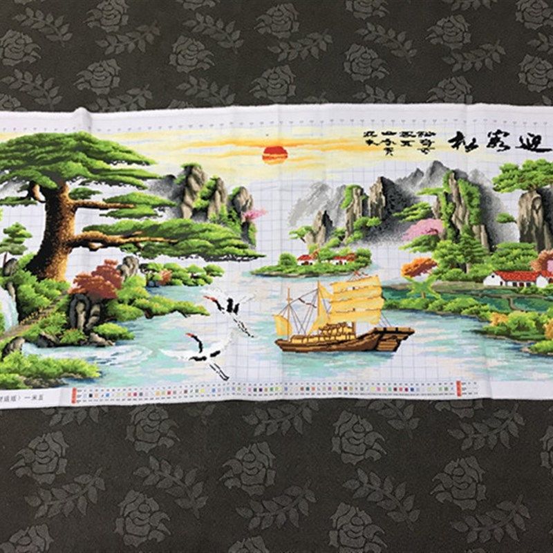纯手工十字绣成品绣好的迎客松财运版仙鹤版帆船大图客厅包邮